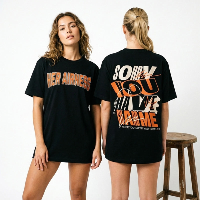 two girls photo shooting presenting front and back prints of shirts